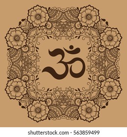 Circular pattern in form of mandala for Henna, Mehndi, tattoo, decoration. Decorative ornament in oriental style with ancient Hindu mantra OM. Coloring book page.