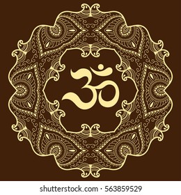 Circular pattern in form of mandala for Henna, Mehndi, tattoo, decoration. Decorative ornament in oriental style with ancient Hindu mantra OM. Coloring book page.