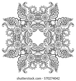 Circular pattern in form of mandala for Henna, Mehndi, tattoo, decoration. Decorative ornament in ethnic oriental style. Coloring book page.