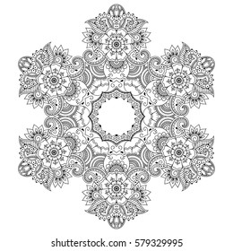 Circular pattern in form of mandala for Henna, Mehndi, tattoo, decoration. Decorative ornament in ethnic oriental style. Coloring book page.