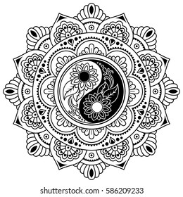 Patrón circular en forma de mandala para Henna, Mehndi, tatuaje, decoración. Decoración de estilo oriental con símbolo dibujado a mano por Yin-yang. Página del libro coloreado.