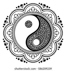 Circular pattern in form of mandala for Henna, Mehndi, tattoo, decoration. Decorative ornament in oriental style with Yin-yang hand drawn symbol. Coloring book page.