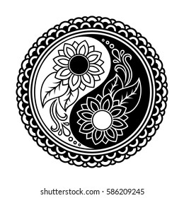 Circular pattern in form of mandala for Henna, Mehndi, tattoo, decoration. Decorative ornament in oriental style with Yin-yang hand drawn symbol. Coloring book page.