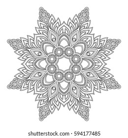 Circular pattern in form of mandala for Henna, Mehndi, tattoo, decoration. Decorative ornament in ethnic oriental style. Coloring book page.