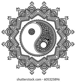 Circular pattern in form of mandala for Henna, Mehndi, tattoo, decoration. Decorative ornament in oriental style with Yin-yang hand drawn symbol. Coloring book page.