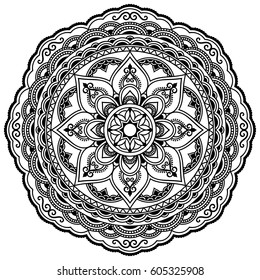 Circular pattern in form of mandala for Henna, Mehndi, tattoo, decoration. Decorative ornament in ethnic oriental style. Coloring book page.