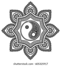 Circular pattern in form of mandala for Henna, Mehndi, tattoo, decoration. Decorative ornament in oriental style with Yin-yang hand drawn symbol. Coloring book page.