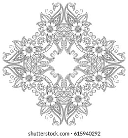 Circular pattern in form of mandala for Henna, Mehndi, tattoo, decoration. Decorative ornament in ethnic oriental style. Coloring book page.