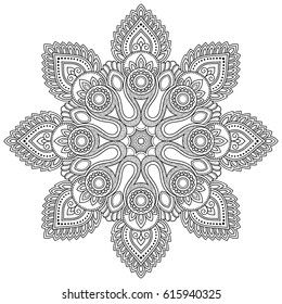 Circular pattern in form of mandala for Henna, Mehndi, tattoo, decoration. Decorative ornament in ethnic oriental style. Coloring book page.