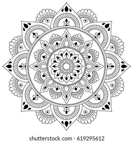 Circular pattern in form of mandala for Henna, Mehndi, tattoo, decoration. Decorative ornament in ethnic oriental style. Coloring book page.