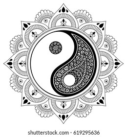 Circular pattern in form of mandala for Henna, Mehndi, tattoo, decoration. Decorative ornament in oriental style with Yin-yang hand drawn symbol. Coloring book page.