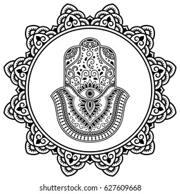 Circular pattern in form of mandala for Henna, Mehndi, tattoo, decoration. Decorative ornament in oriental style with Hamsa hand drawn symbol. Coloring book page.