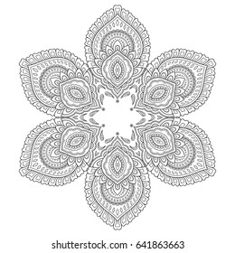 Circular pattern in form of mandala for Henna, Mehndi, tattoo, decoration. Decorative ornament in ethnic oriental style. Coloring book page.