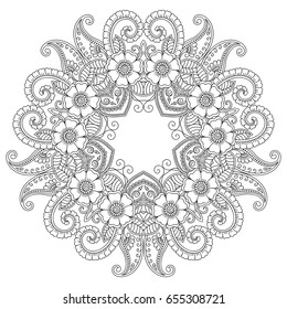 Circular pattern in form of mandala for Henna, Mehndi, tattoo, decoration. Decorative ornament in ethnic oriental style. Coloring book page.