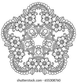 Circular pattern in form of mandala for Henna, Mehndi, tattoo, decoration. Decorative ornament in ethnic oriental style. Coloring book page.