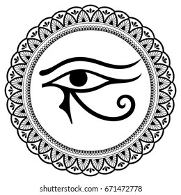 Circular pattern in form of mandala for Henna, Mehndi, tattoo, decoration. Decorative ornament in oriental style with ancient symbol left Eye of Horus. Coloring book page.