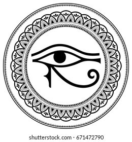 Circular pattern in form of mandala for Henna, Mehndi, tattoo, decoration. Decorative ornament in oriental style with ancient symbol left Eye of Horus. Coloring book page.