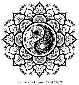 Circular pattern in form of mandala for Henna, Mehndi, tattoo, decoration. Decorative ornament in oriental style with Yin-yang hand drawn symbol. Coloring book page.