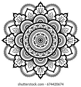 Circular pattern in form of mandala for Henna, Mehndi, tattoo, decoration. Decorative ornament in ethnic oriental style. Coloring book page.