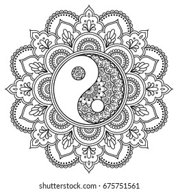 Circular pattern in form of mandala for Henna, Mehndi, tattoo, decoration. Decorative ornament in oriental style with Yin-yang hand drawn symbol. Coloring book page.