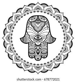 Circular pattern in form of mandala for Henna, Mehndi, tattoo, decoration. Decorative ornament in oriental style with Hamsa hand drawn symbol. Coloring book page.