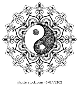 Circular pattern in form of mandala for Henna, Mehndi, tattoo, decoration. Decorative ornament in oriental style with Yin-yang hand drawn symbol. Coloring book page.