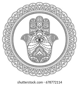 Circular pattern in form of mandala for Henna, Mehndi, tattoo, decoration. Decorative ornament in oriental style with Hamsa hand drawn symbol. Coloring book page.