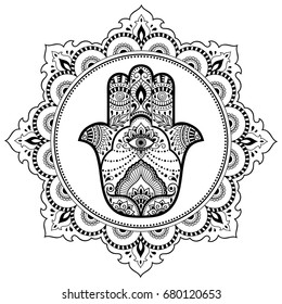 Circular pattern in form of mandala for Henna, Mehndi, tattoo, decoration. Decorative ornament in oriental style with Hamsa hand drawn symbol. Coloring book page.