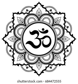 Circular pattern in form of mandala for Henna, Mehndi, tattoo, decoration. Decorative ornament in oriental style with ancient Hindu mantra OM. Coloring book page.