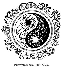 Circular pattern in form of mandala for Henna, Mehndi, tattoo, decoration. Decorative ornament in oriental style with Yin-yang hand drawn symbol. Coloring book page.