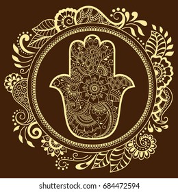 Circular pattern in form of mandala for Henna, Mehndi, tattoo, decoration. Decorative ornament in oriental style with Hamsa hand drawn symbol. Coloring book page.