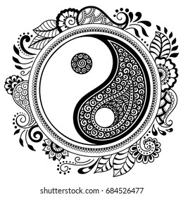 Circular pattern in form of mandala for Henna, Mehndi, tattoo, decoration. Decorative ornament in oriental style with Yin-yang hand drawn symbol. Coloring book page.