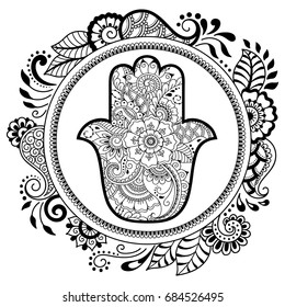 Circular pattern in form of mandala for Henna, Mehndi, tattoo, decoration. Decorative ornament in oriental style with Hamsa hand drawn symbol. Coloring book page.