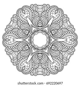 Circular pattern in form of mandala for Henna, Mehndi, tattoo, decoration. Decorative ornament in ethnic oriental style. Coloring book page.