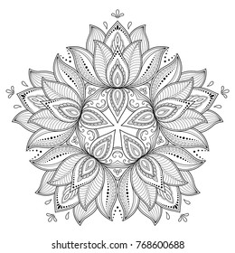 Circular pattern in form of mandala for Henna, Mehndi, tattoo, decoration. Decorative ornament in ethnic oriental style. Coloring book page.