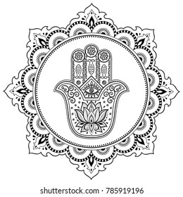 Circular pattern in form of mandala for Henna, Mehndi, tattoo, decoration. Decorative ornament in oriental style with Hamsa hand drawn symbol and lotus. Coloring book page.