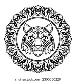 Circular pattern in the form of a mandala with line art tiger head