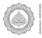 Circular pattern in form of mandala with Lotus flower for Henna, Mehndi, tattoo, decoration. Decorative ornament in ethnic oriental style. Outline doodle hand draw vector illustration.