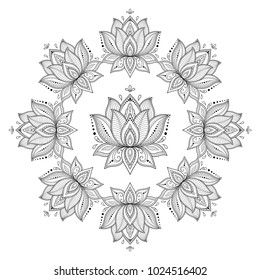 Circular pattern in form of mandala with lotus for Henna, Mehndi, tattoo, decoration. Decorative ornament in ethnic oriental style. Coloring book page.