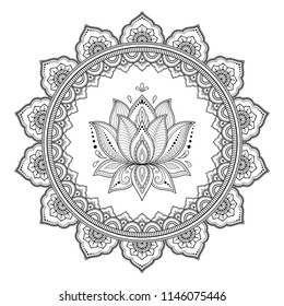 Circular pattern in form of mandala with Lotus flower for Henna, Mehndi, tattoo, decoration. Decorative ornament in ethnic oriental style. Coloring book page.