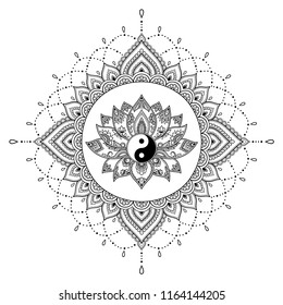 Circular pattern in form of mandala with lotus flower for Henna, Mehndi, tattoo, decoration. Decorative ornament in oriental style with Yin-yang hand drawn symbol. Coloring book page.