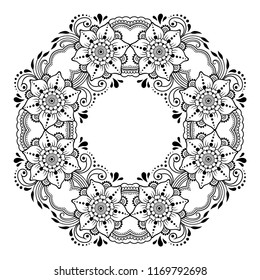 Circular pattern in form of mandala with lotus flower for Henna, Mehndi, tattoo, decoration. Decorative ornament in ethnic oriental style. Coloring book page.