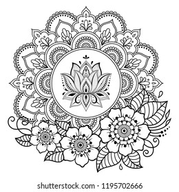 Patrón circular en forma de mandala con flor de loto para Henna, Mehndi, tatuaje, decoración. Adorno decorativo en estilo étnico oriental. Página de libro para colorear.
