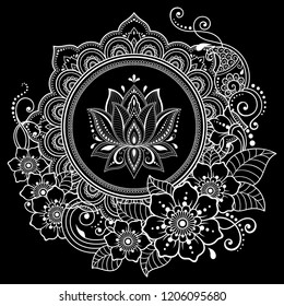 Circular pattern in form of mandala with lotus flower for Henna, Mehndi, tattoo, decoration. Decorative ornament in ethnic oriental style. Coloring book page.