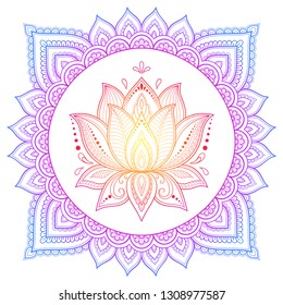 Circular pattern in form of mandala with lotus flower for Henna, Mehndi, tattoo, decoration. Decorative ornament in ethnic oriental style. Rainbow design on white background.