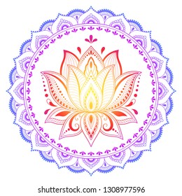 Circular pattern in form of mandala with lotus flower for Henna, Mehndi, tattoo, decoration. Decorative ornament in ethnic oriental style. Rainbow design on white background.