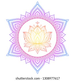 Circular pattern in form of mandala with lotus flower for Henna, Mehndi, tattoo, decoration. Decorative ornament in ethnic oriental style. Rainbow design on white background.