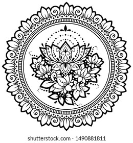 Circular pattern in form of mandala with lotus flower for Henna, Mehndi, tattoo, decoration. Decorative ornament in ethnic oriental style. Outline doodle hand draw vector illustration.