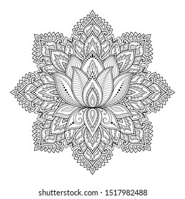 Circular pattern in form of mandala with lotus flower for Henna, Mehndi, tattoo, decoration. Decorative ornament in ethnic oriental style. Outline doodle hand draw vector illustration.