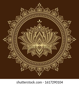 Circular pattern in form of mandala with lotus flower for Henna, Mehndi, tattoo, decoration. Decorative ornament in ethnic oriental style. Outline doodle hand draw vector illustration.